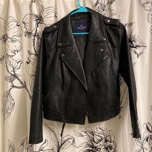 AMERICAN EAGLE: Women’s Black Quilted Moto Faux Leather Jacket, Medium